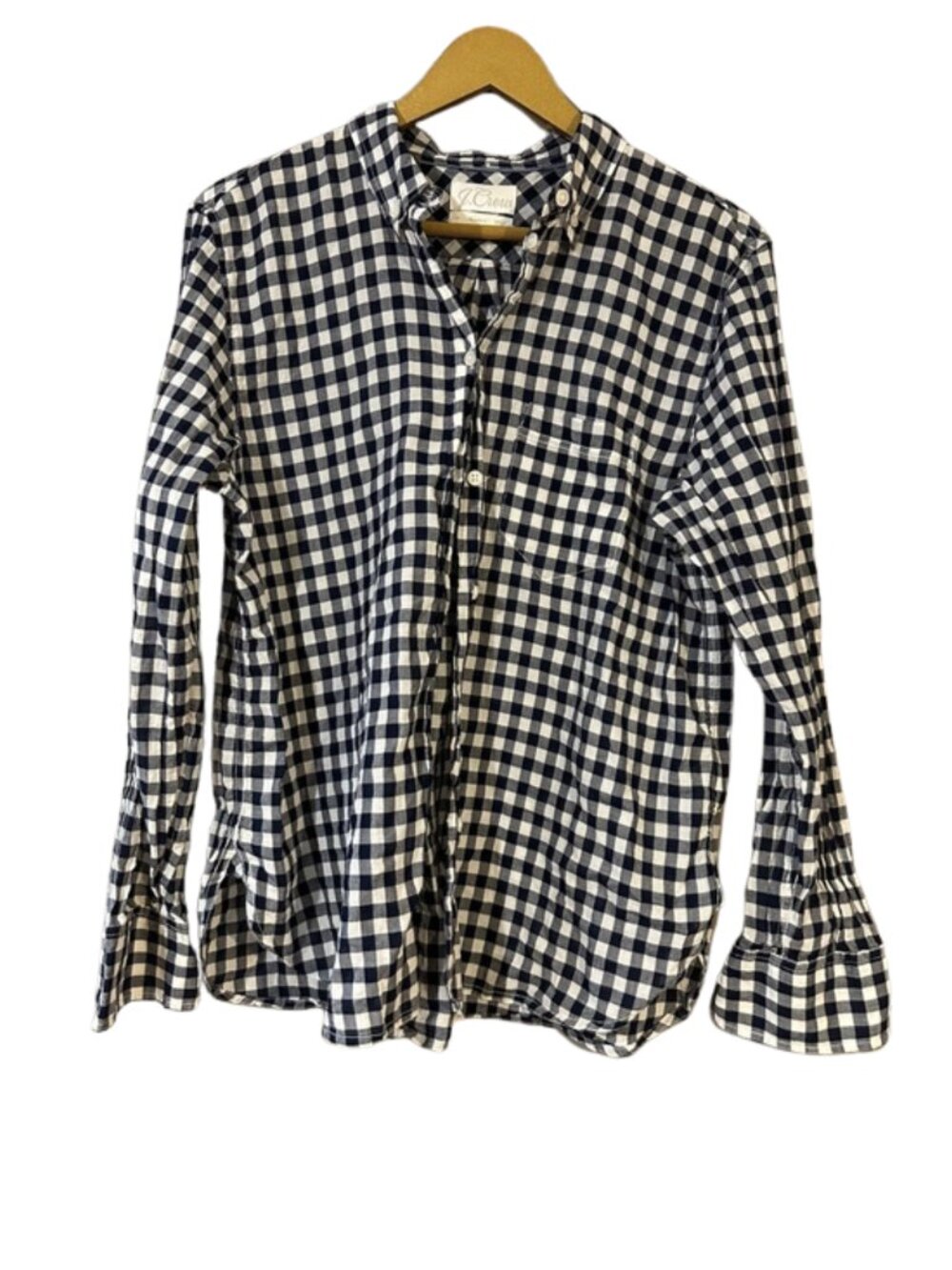 J. Crew Navy White Gingham Button Down Shirt Womens Medium Stretch Cotton